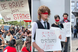 Three scenes from the strike, including blindfolded workers with signs in Georgian