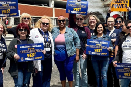 A dozen nurses with Teamsters signs face the camera, looking excited.