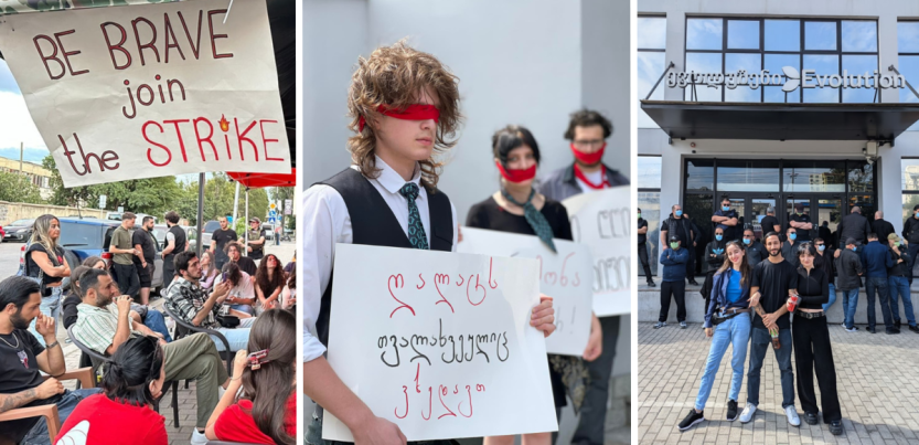 Three scenes from the strike, including blindfolded workers with signs in Georgian