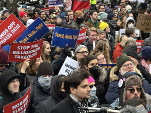 A sea of faces in a protest crowd. Some printed signs say "Stop the Billionaire Takeover," "Hands Off Workers Data," "Stand, Unite, Fight," and "Nobody Elected Musk." Some handlettered signs say "Congress, WYA?" and "He doesn't even go here!"