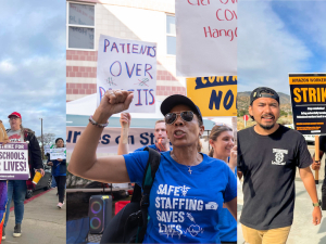 People from various picket lines are shown in three photos next to each other