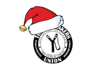 Illustration of the Troublemakers Union slingshot logo with a Santa hat on top