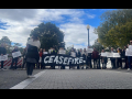 A group of people hold a black banner that says CEASEFIRE.