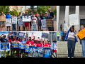 Three photos. Upper left: white people stand outdoors with handmade signs like "Save our mail," "no consolidation," "protect good jobs in southern Oregon." Lower left: A racially diverse crowd outside a mail plant with printed APWU signs for better staffing, better service, respect at work, and safer conditions. Right: a Black woman with raised fist, Miriam, and a white woman smiling big, Sheri, hold signs: "Service matters! ""10-year plan is bound to fail, we don't want to delay the mail!"