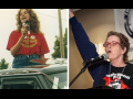 Two images of Anne Feeney. In the one on the left she is younger with long hair, standing on the bed of a pickup truck, singing into a mic, wearing a red "Solidarity Forever" T-shirt. In the one on the right she is older with shorter hair, singing into a mic indoors at the Labor Notes Conference, one fist in the air, wearing a black "Railroad Workers United" T-shirt, with a "Troublemakers Union" banner hanging on the wall behind her.