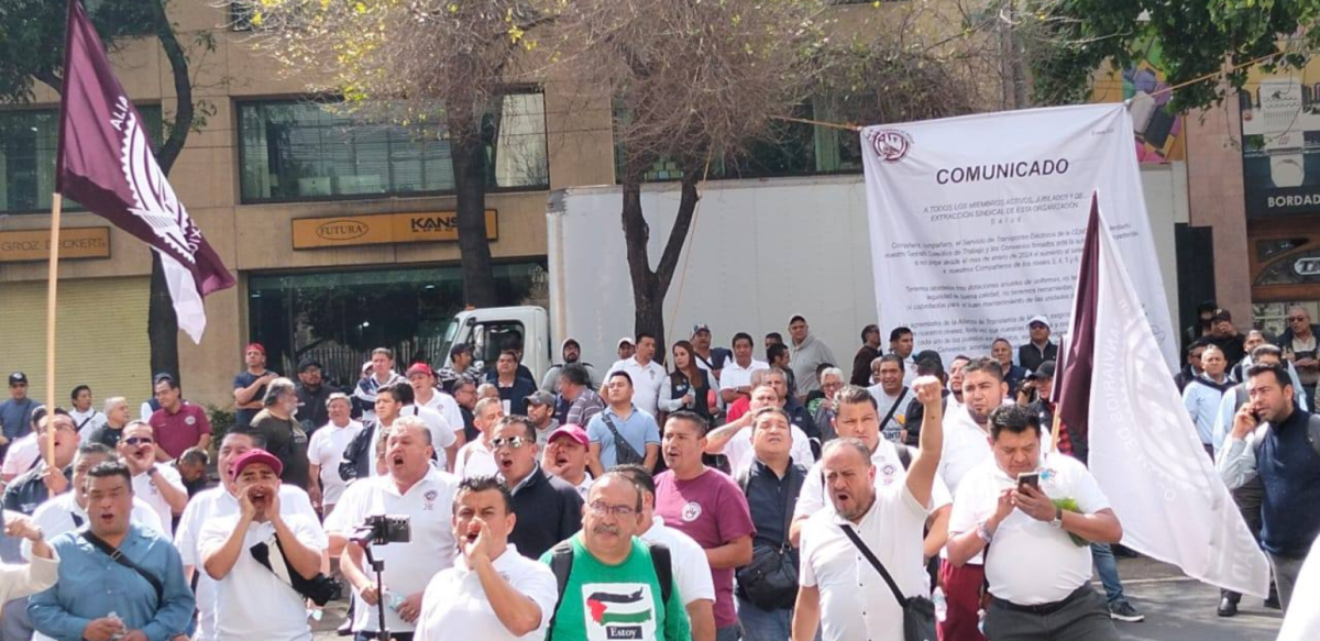 Workers gather with fists in the air and the union's flag flying behind them. 