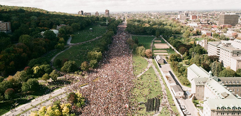 Huge crowd gathered in the street in Montreal for climate strike.