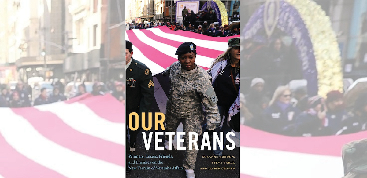 Book cover of “Our Veterans” shows a black woman veteran in a parade carrying the edge of a huge American flag with other marchers.