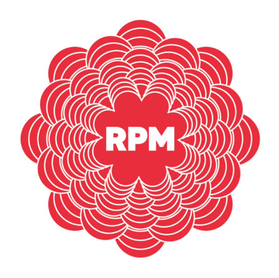 Logo of Revolutions Per Minute - a red pulsing blob with white letters saying RPM in the middle