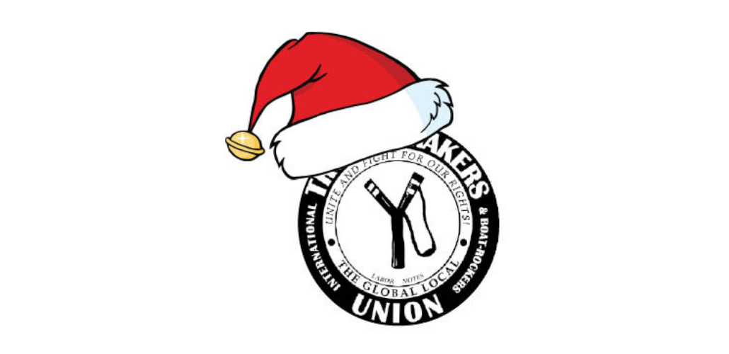 Illustration of the Troublemakers Union slingshot logo with a Santa hat on top