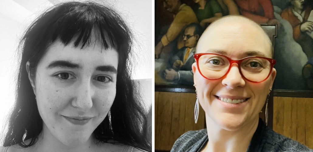 Left: black-and-white headshot of Natascha, she has long dark hair and short bangs, and is smiling closed-mouth, looking up at the camera. Right: color headshot of Kari, a white woman with a shaved head wearing a wide smile and red glasses. Behind her is the mural in the old UE Chicago office.