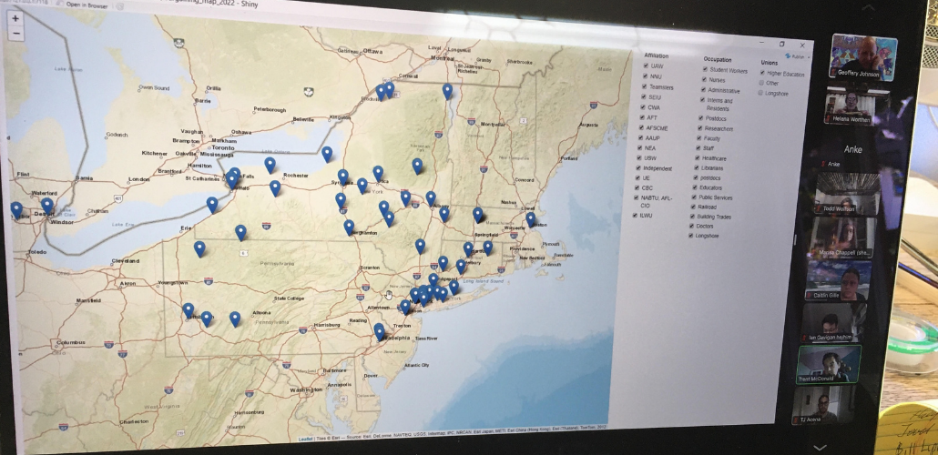 Laptop screen shows a map of the Northeast with lots of pushpins. Along the side are checklists of union names and campus job categories.