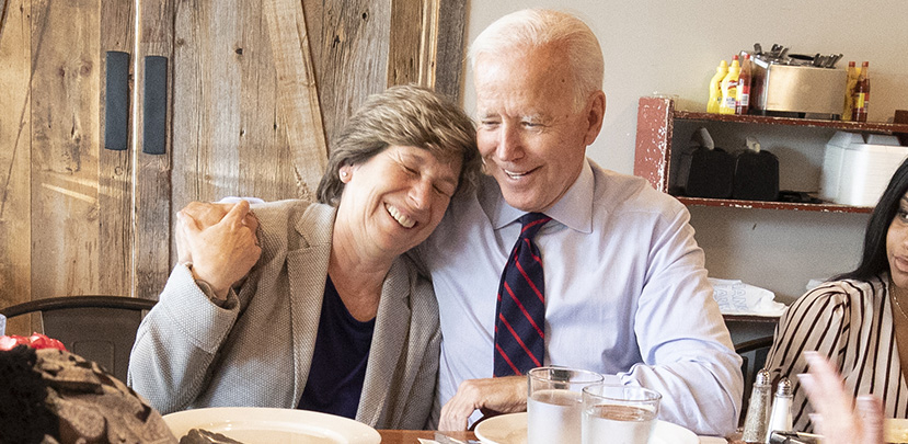 AFT President Randi Weingarten hugging Democratic Presidential candidate Joe Biden.