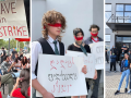 Three scenes from the strike, including blindfolded workers with signs in Georgian