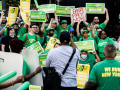 A crowd of 40 in green holds yellow and green signs saying “Fair Pay Now” and “Contract Now”