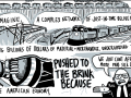 Comic shows freight trains with the text: "Imagine, a complex network of just-in-time delivery, moving billions of dollars of material and merchandise, undergirding the entire American economy, pushed to the brink because: [shrugging man in suit, labeled "rail boss," speaks:] 'We just can't afford more paid sick days.'"] 