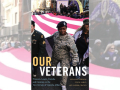 Book cover of “Our Veterans” shows a black woman veteran in a parade carrying the edge of a huge American flag with other marchers.