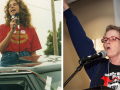 Two images of Anne Feeney. In the one on the left she is younger with long hair, standing on the bed of a pickup truck, singing into a mic, wearing a red "Solidarity Forever" T-shirt. In the one on the right she is older with shorter hair, singing into a mic indoors at the Labor Notes Conference, one fist in the air, wearing a black "Railroad Workers United" T-shirt, with a "Troublemakers Union" banner hanging on the wall behind her.